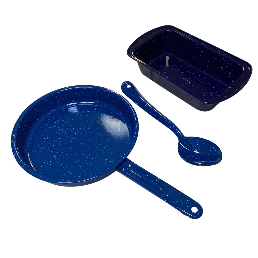 Vintage Blue Speckled Enamelware Camping Cookware Lot Fry Pan Loaf Pan Spoon 3Pc